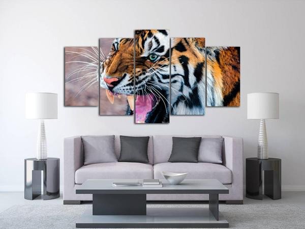 Snarling Tiger Animal 5 Panel Canvas Art Wall Decor