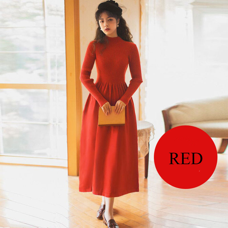 2021 Winter Long Dress Women Autumn Vintage Half High Colar Long Sleeve Ruched Knitting Dress Fashion Elegant Lady Sweater Dress alx