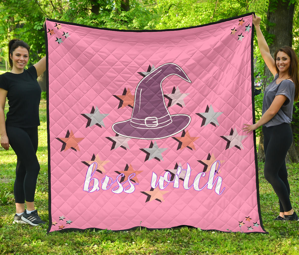 Halloween Premium Quilt | Boss Witch Hat Star Patterns Pink Quilt Blanket