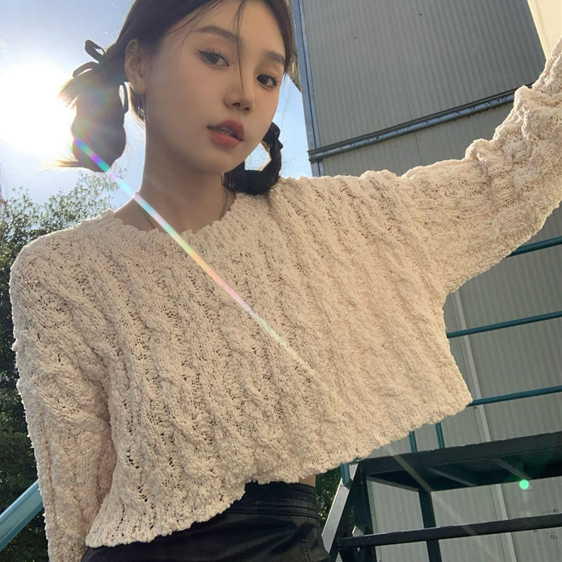 Sweater Women Korean Style Chic Stretchy Loose Pure Leisure Fashion Vintage Streetwear Students Soft Crop Knitwear Autumn Simple alx