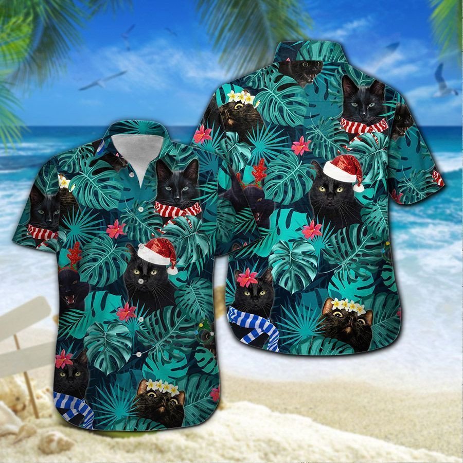 Back Cat And Santa Surfing Men Hawaiian Shirt For Omeone Who Loves Back Cat On Christmas Time – Gift For Cat Lovers