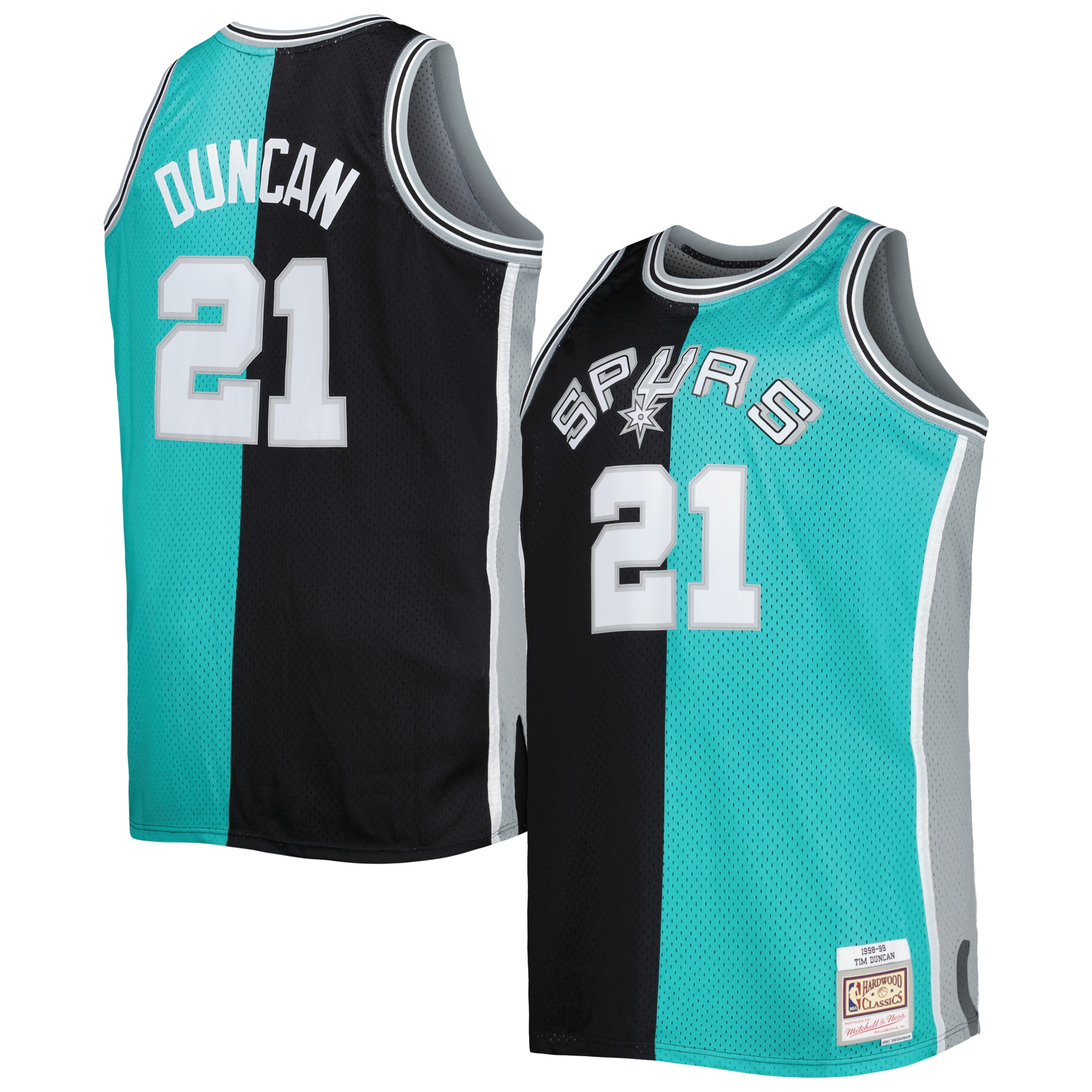 Tim Duncan San Antonio Spurs Mitchell & Ness Big & Tall Hardwood Classics 1998/99 Split Swingman Jersey – Black/Teal