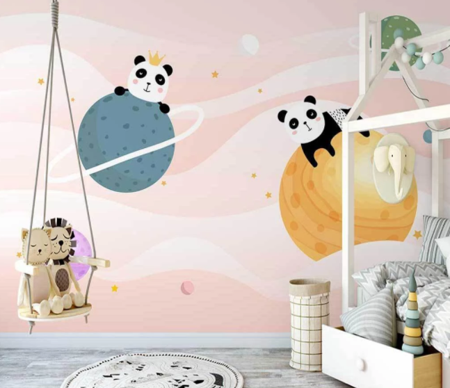 3D Cartoon Colorful Space Planet Panda Animal Wall Mural Wallpaper Lxl