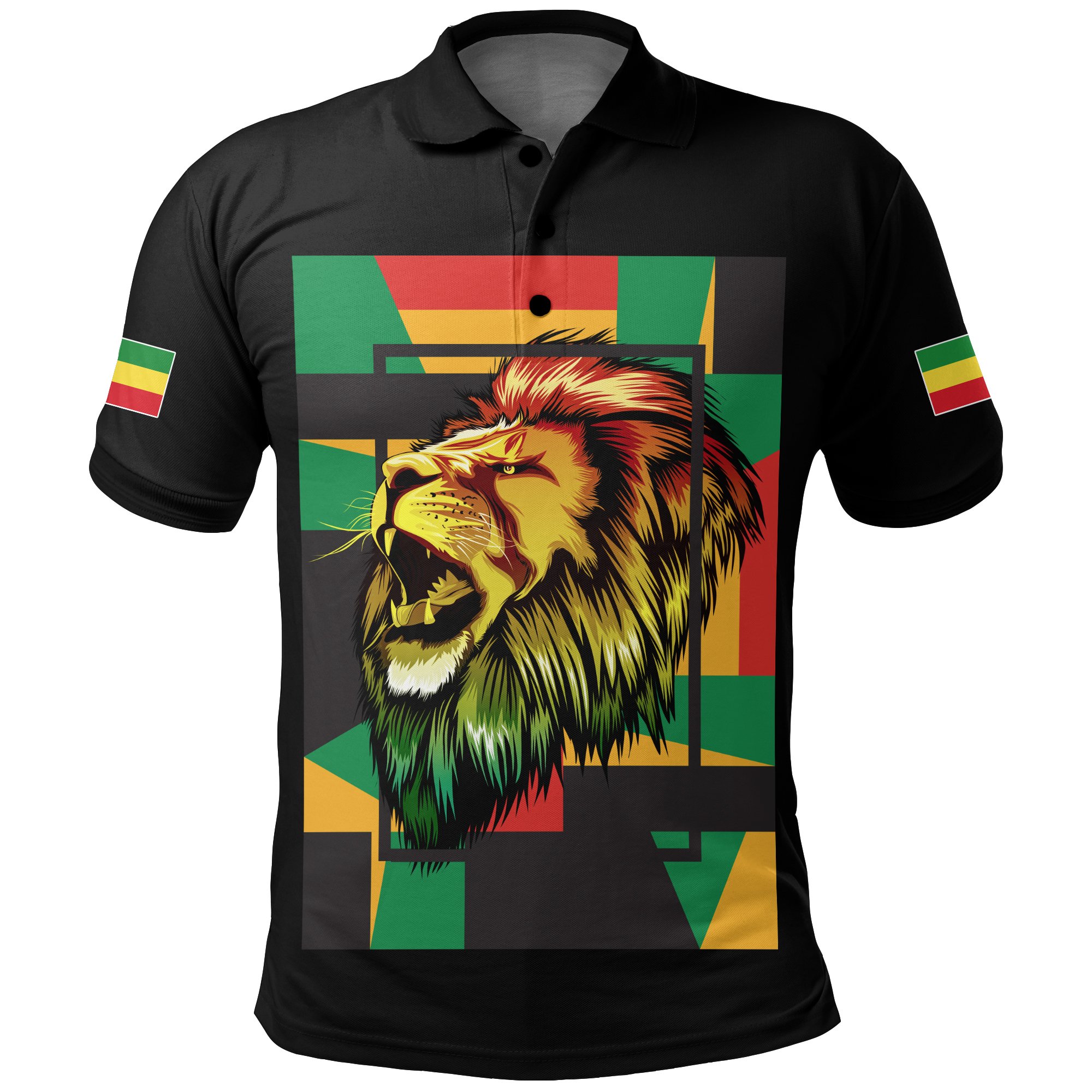 1stTheWorld Ethiopia Polo Shirt , Ethiopia Lion Abstrato Black A10