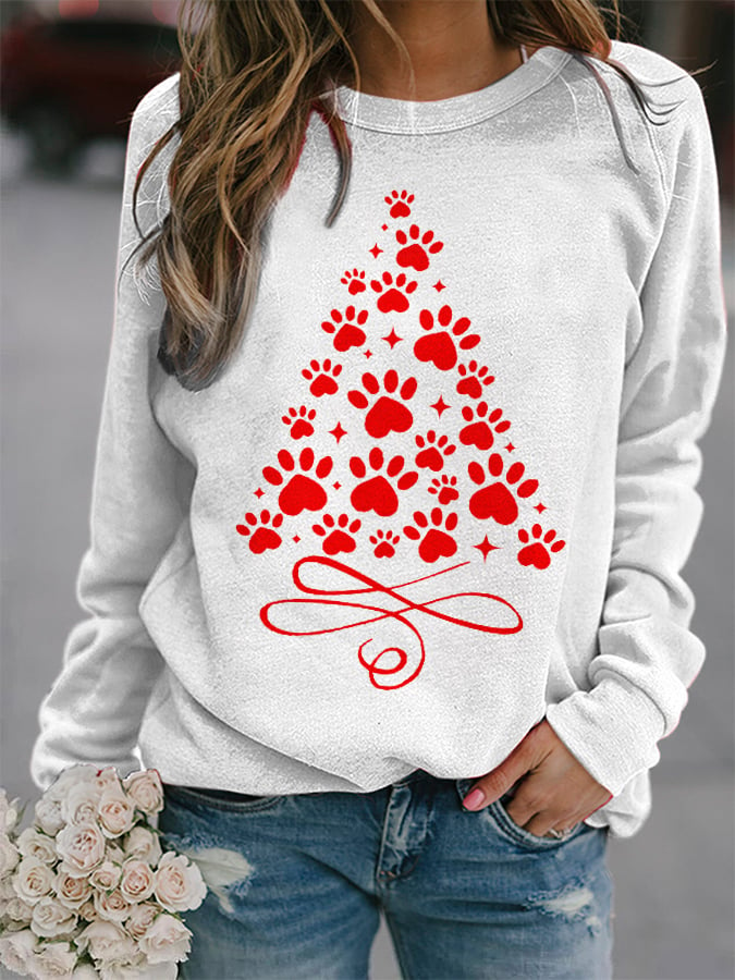 Women’S Shiny Dog Paw Christmas Tree Casual Sweatshirt