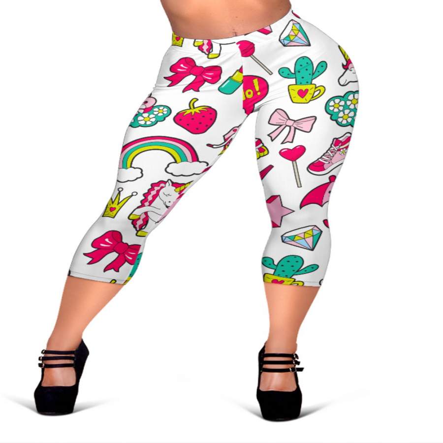 White Girly Unicorn Pattern Print Women’s Capri Leggings