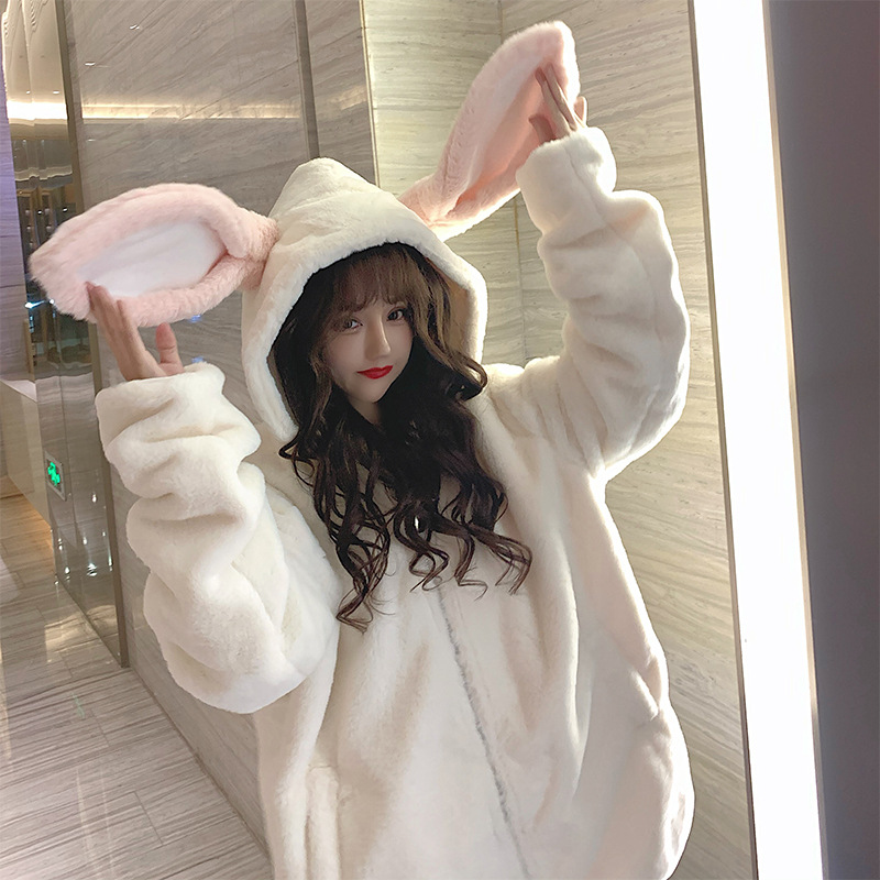 Cute Kawaii Bunny Hoodie Jacket Coats for Women Fashion Fuzzy Fluffy Rabbit Hooded Sweatshirt alx