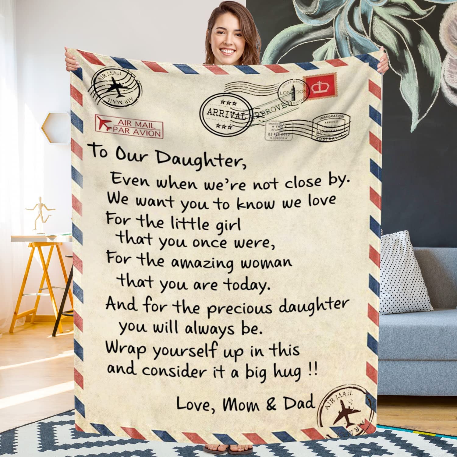 Blanket Love Letter To My Daughter, Personalized Printed Air Mail Throw Blankets, Birthday Gift Indoor Home Decor 50X60 Inches