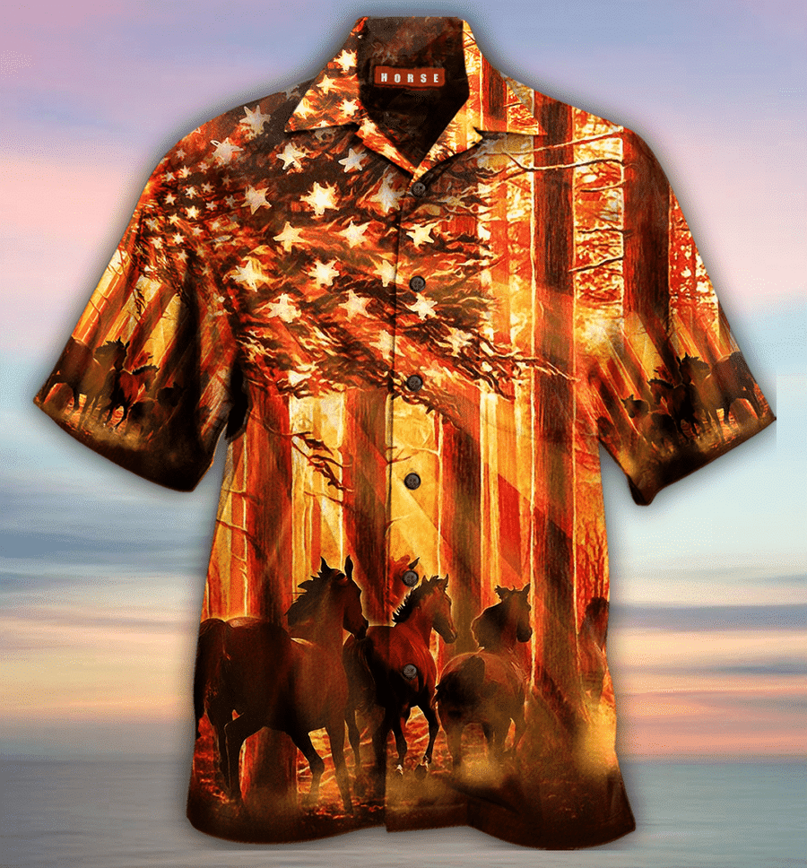 Horse American Born To Ride Print Polyester Hawaii Aloha Shirt Ha98073