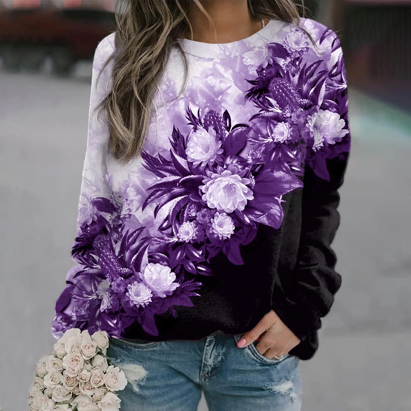 2022 New Autumn Winter Women Fashion Loose Size Sweater Ladies Everyday Street Flower Printed Pullover Round Neck Long Sleeve alx