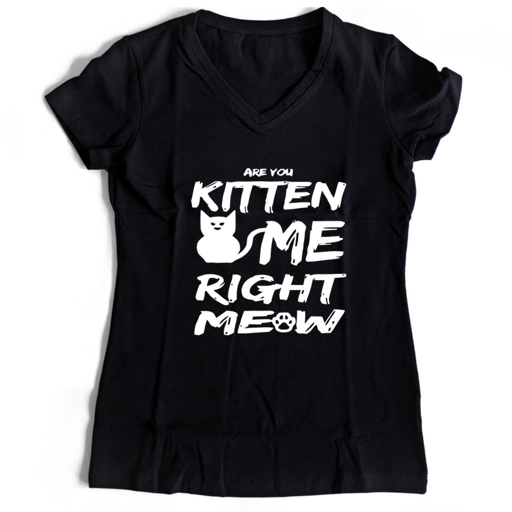 Are You Kitten Me Right Meow Humorous Kitty Cat Lovers Women’s V-Neck Tee T-Shirt