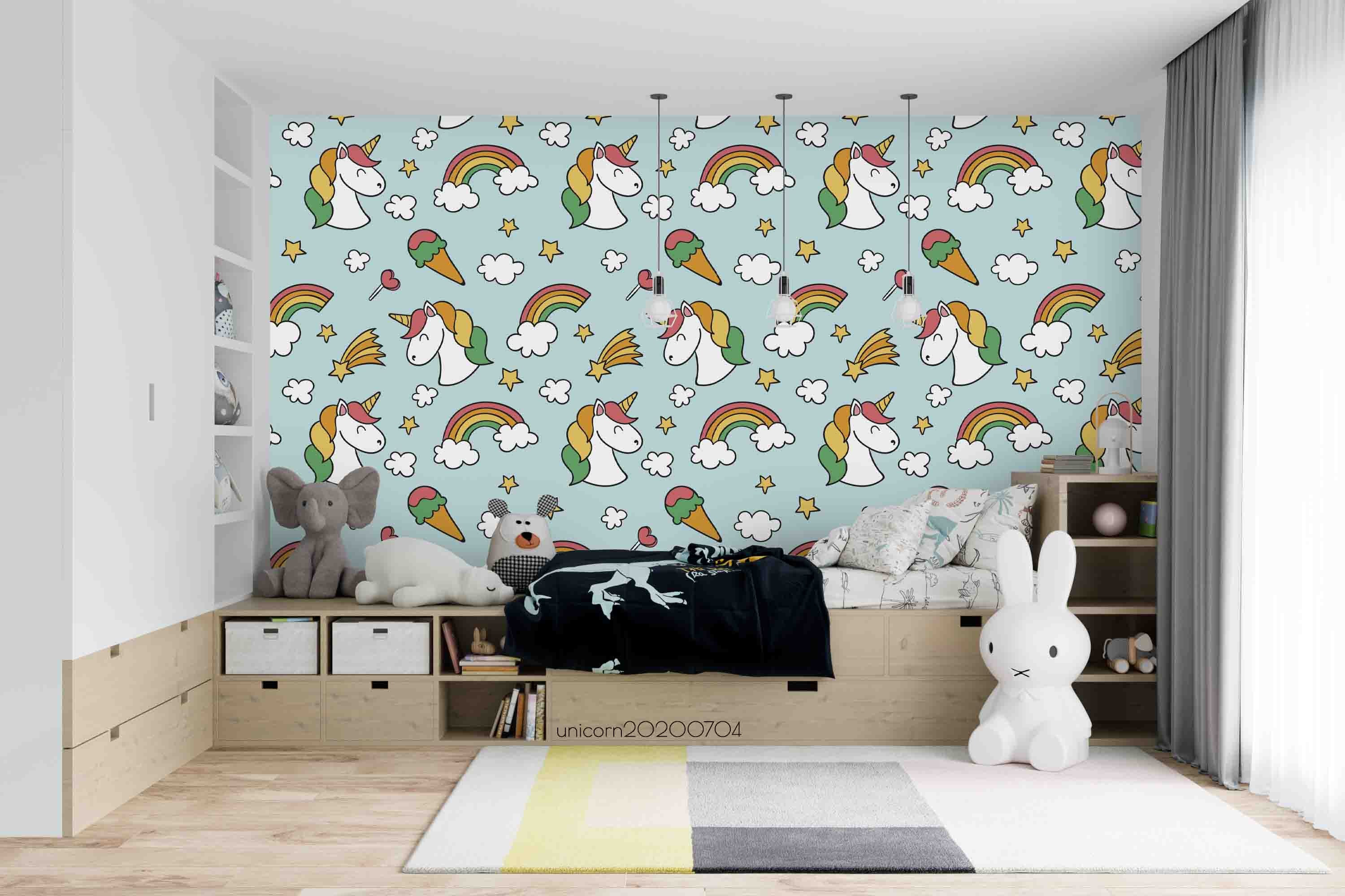 3D Cartoon Rainbow Smiley Unicorn Blue Wall Mural Wallpaper Lxl 262