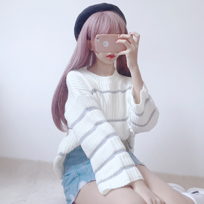 Sweet Cute Girls Womens Knitted Sweater Striped Pullovers Long Flare Sleeve Fall Winter Sweaters 2018 Autumn Clothes alx