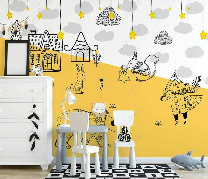 3D Hand-Painted Cartoon Animal House Clouds Wall Mural Wallpaper Sww3290