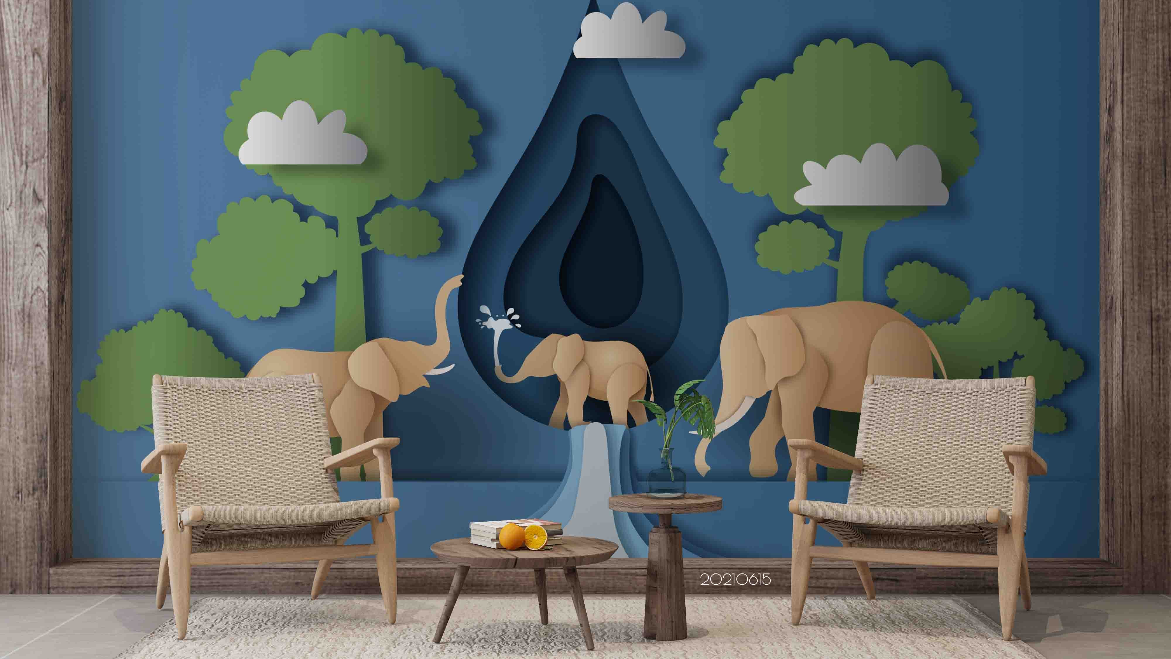 3D  Paper Cut Elephant Water Drop Woods Wall Mural Wallpaper Sww2533