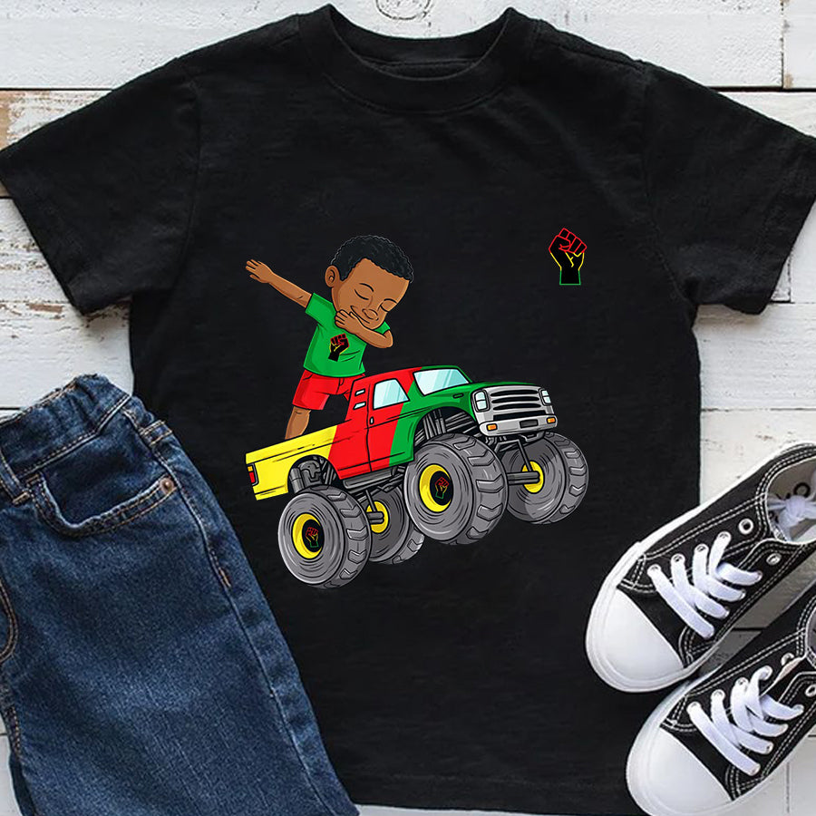 Juneteenth Youth Shirt Kids Juneteenth Dabbing Black King In Monster Truck Toddler Boys T-Shirt