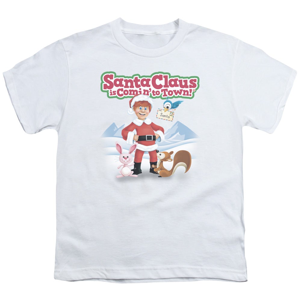 Santa Claus Is Comin To Town Animal Friends Kids Youth T Shirt White