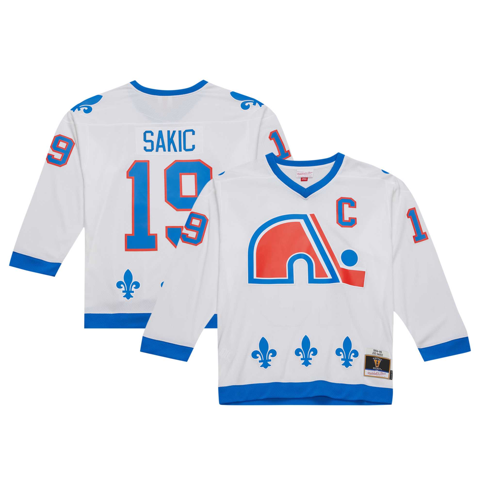 Men's Quebec Nordiques Joe Sakic Mitchell & Ness White Captain Patch Vintage Hockey 1994/95 Blue Line Player Jersey