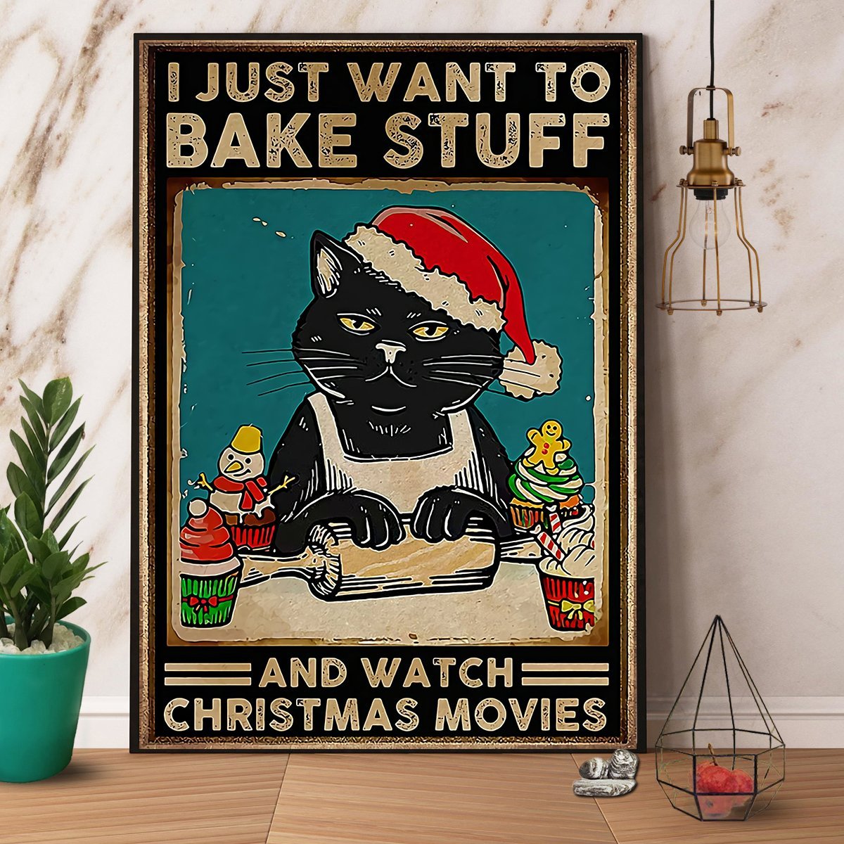 Bake Black Cat I Just Want To Bake Stuff Christmas Movie Santa Hat Cup Cake Vintage  Poster No Frame Matte Canvas