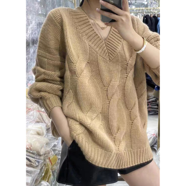 Autumn And Winter New Women’s Fashion V-Neck Large Twist Pullover Sweater 100% Wool Knit Casual Style Loose Long-Sleeved Outdoor alx