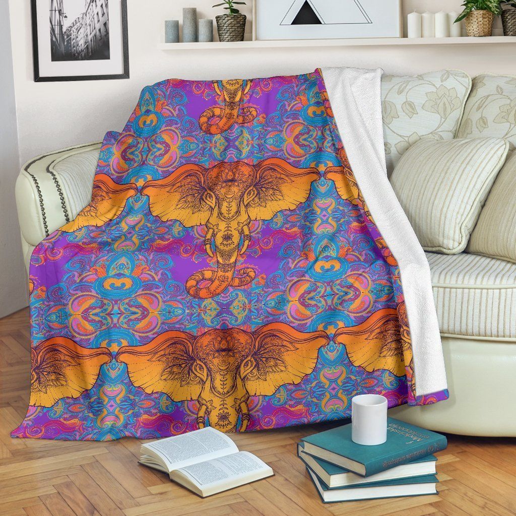 Gold Elephant Indian Neon Color Printed Fleece Blanket