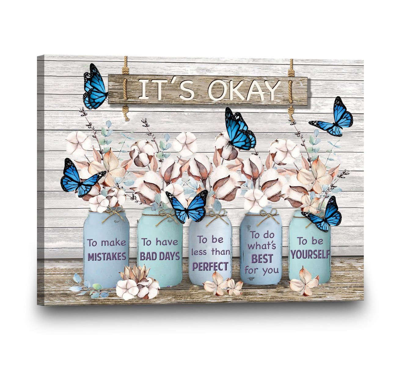 Blue Butterfly Cotton Flower Canvas Wall Art | Best Gift Idea For Friends, Family