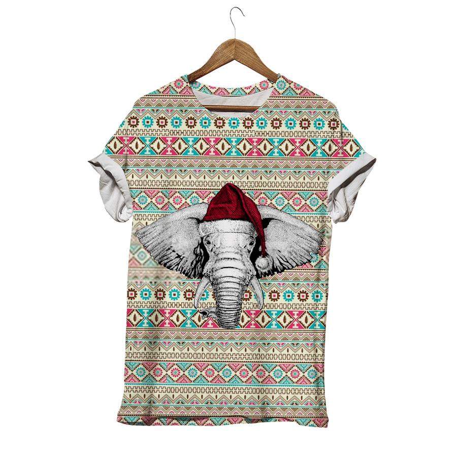 African Or Indian Elephant Christmas Wild Animal Wearing Christmas Santa Claus Hat Red Winter Hat Ethnic Motif T-shirt