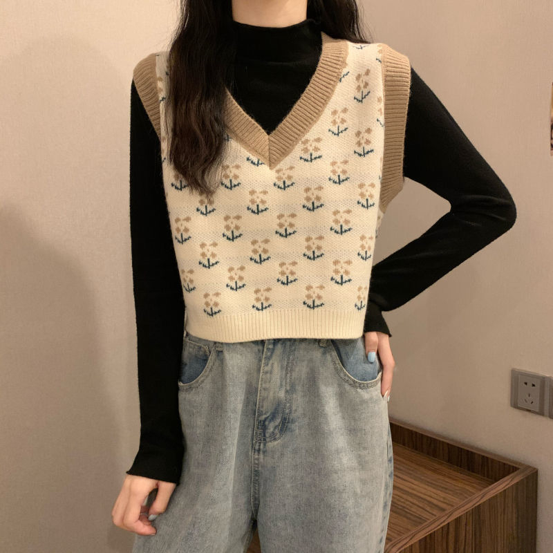 Cropped Knitted Sweater Vest Simple Printing V-neck Sleeveless Pullover Sweater Women All-match Slim Loose Student Sweater Vest alx