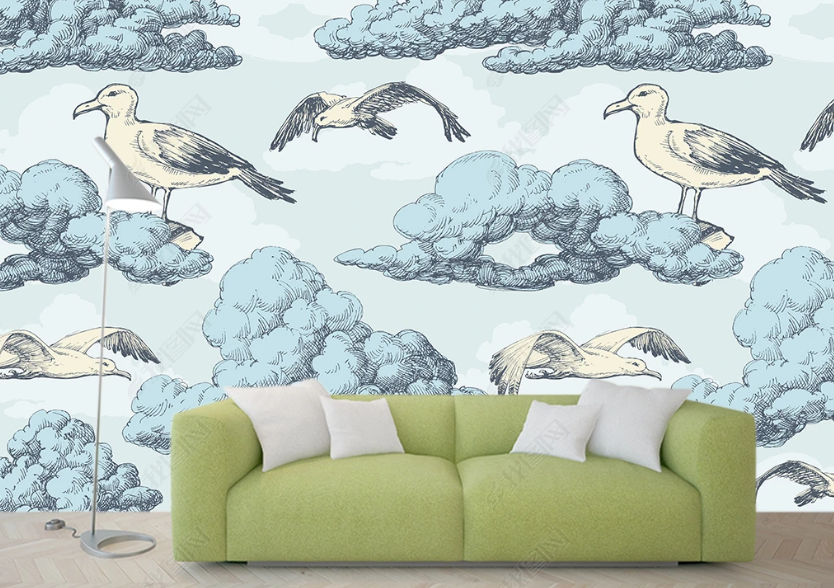 3D Hand Drawn Cloud Animal Bird Wall Mural Wallpaper Lqh 43