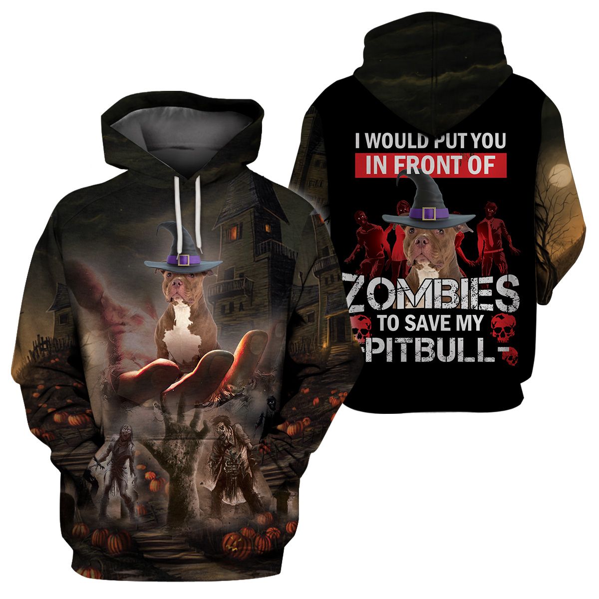 3D All-Over Printed Apparels Halloween Pitbull And Zombie