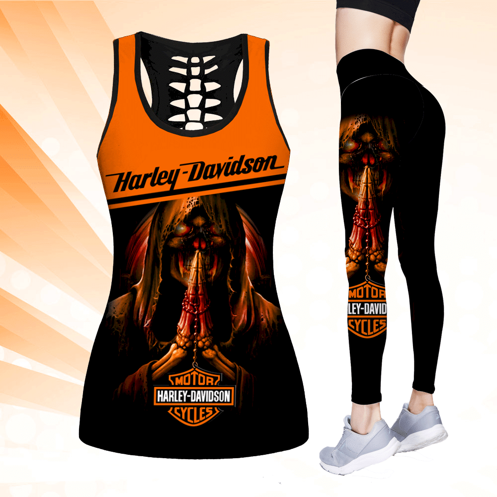 Combo Harley Davidson Skull Hollow Tanktop Leggings Set Outfit K1522