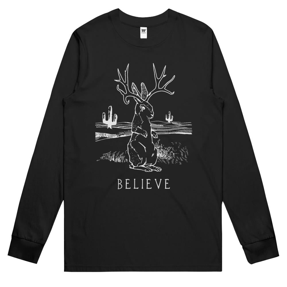 Believe Jackalope Long Sleeve T Shirts, Cryptid Rabbit Bunny Long Sleeve T Shirts