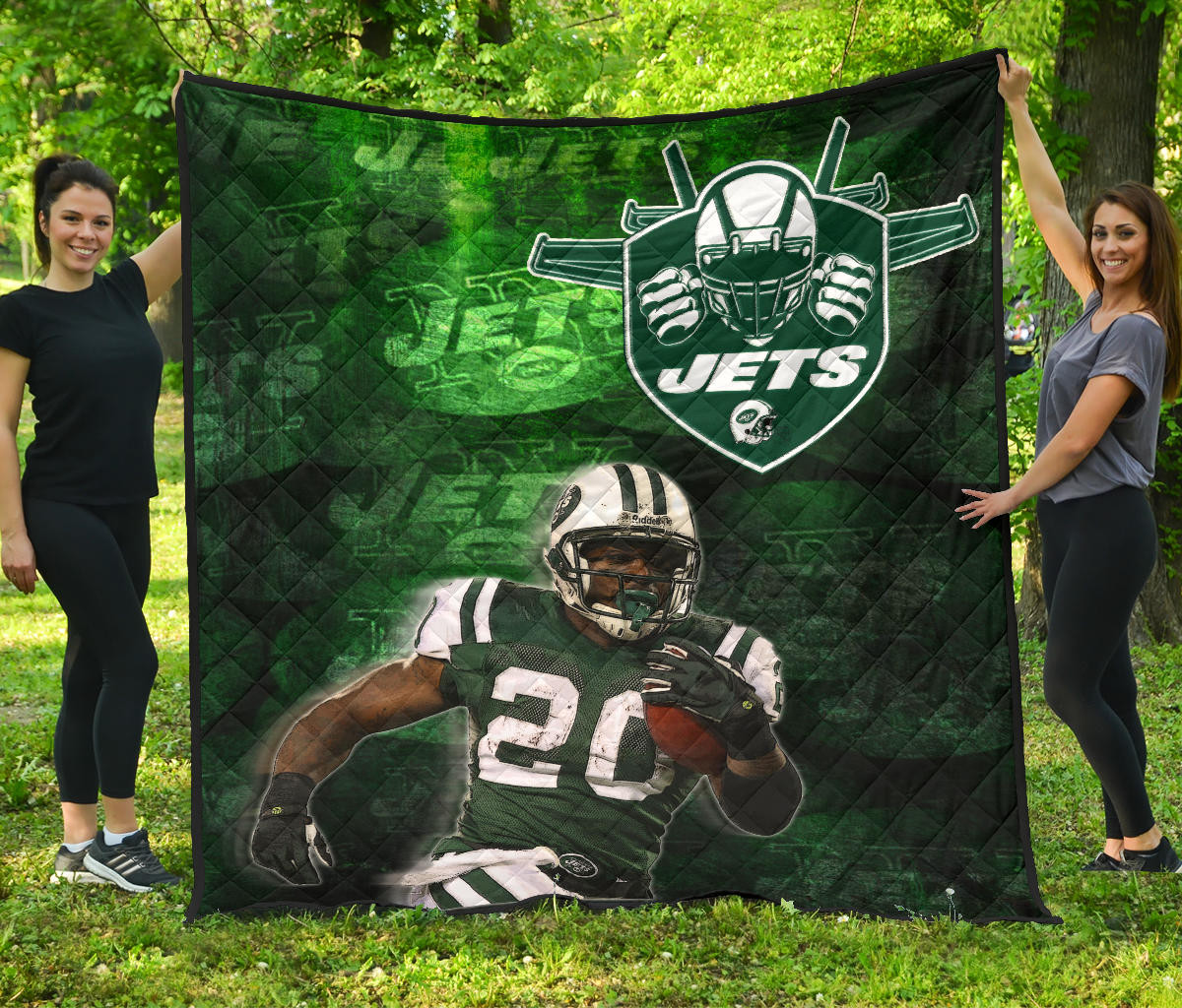 New York American Football Jets Football Player 20 Grab Rugby Ball Running Green Premium Quilt Blanket