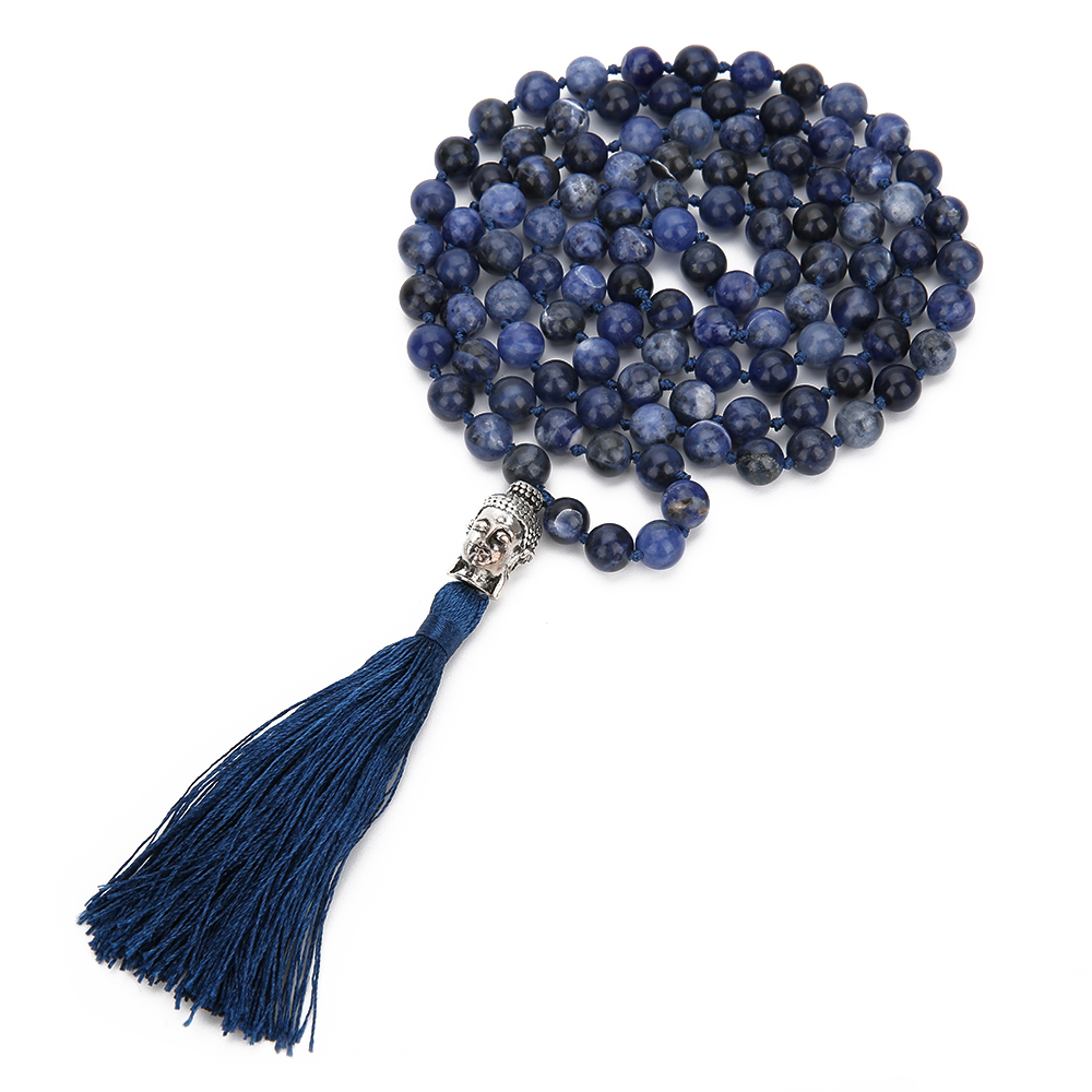 108 Mala Natural Sodalite Lapis Lazuli Handmade Beaded Knot Meditation Yoga Anniversary Big Buddha Head Tassel Long Necklace alx