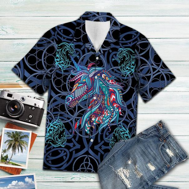 Unicorn Blue Mandala Vikings Tropical Polyester Hawaiian Shirt