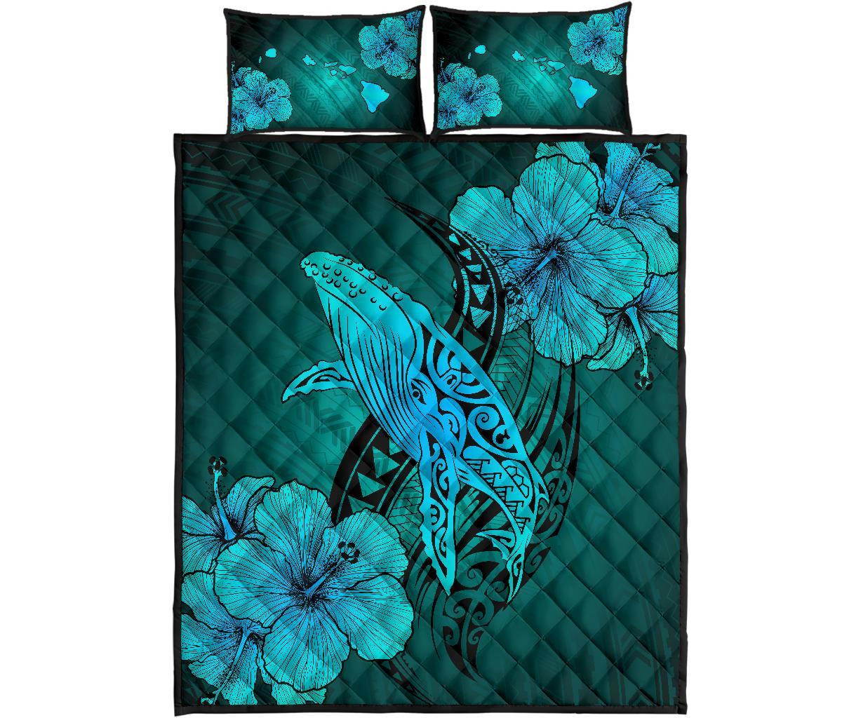 Hawaiian Whale Swim Hibiscus Polynesian Quilt Bedding Set – Turquoise