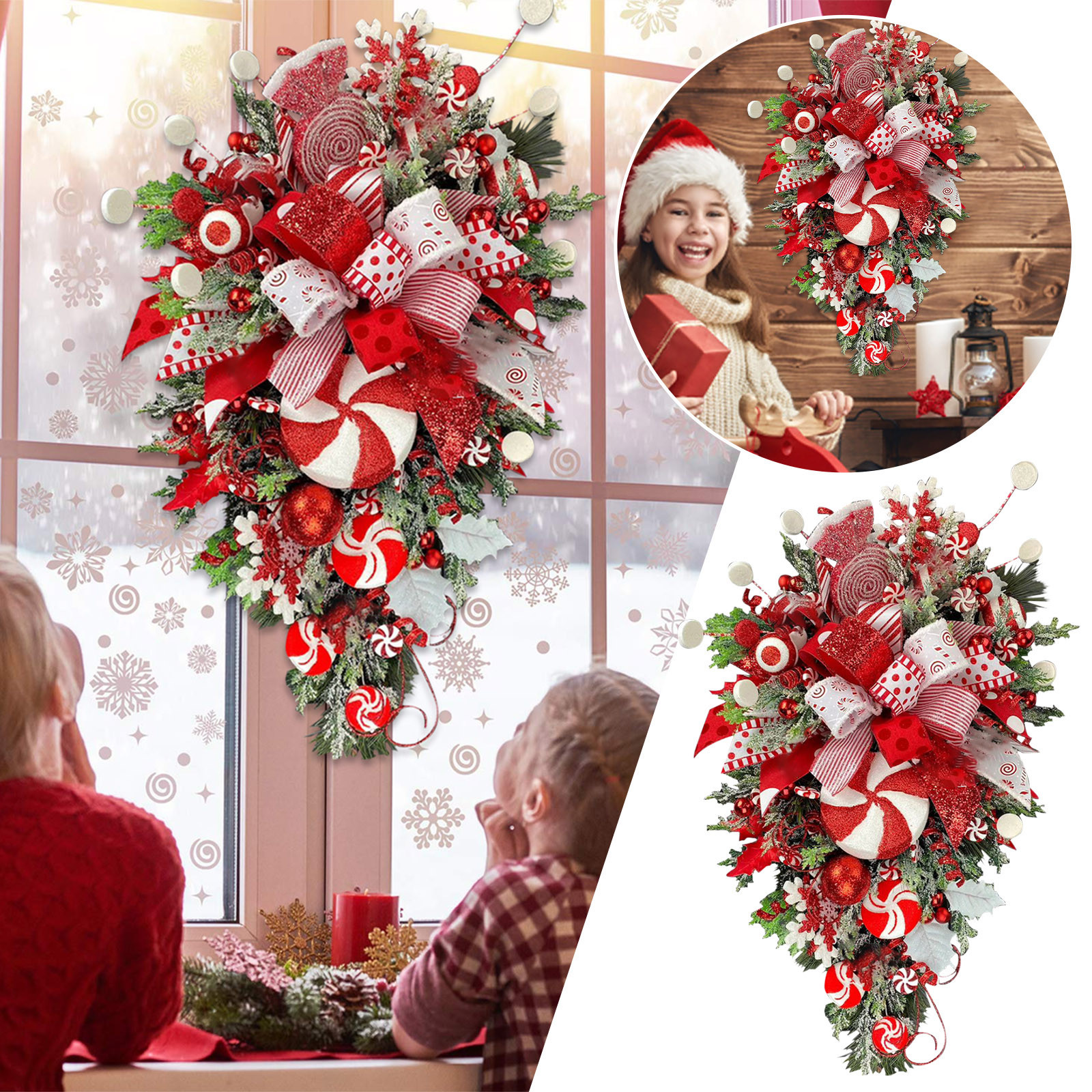 2022 Candy Cane Wreath Christmas Decoration Artificial Pinees Cones Red Berries Wreath Home Decor New Year 2023 Navidad Natal alx