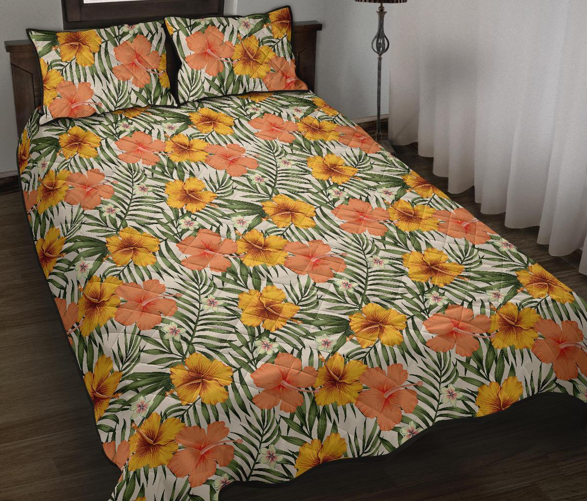 Hawaii Quilt Bed Set Tropical Flowers Hibiscus Pink Yellow AH J1