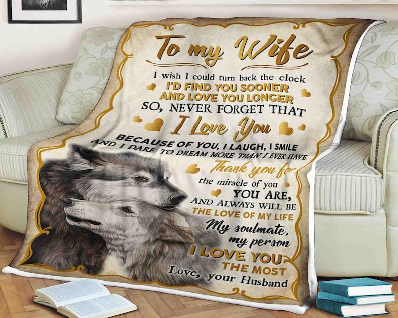 To My Wife,Wolf Blanket,I Love You Because Of You I Laugh I Smile Thank You For The Miracle Of You,Gift For Wife Family Home Decor Bedding Couch Sofa Soft And Comfy Cozy