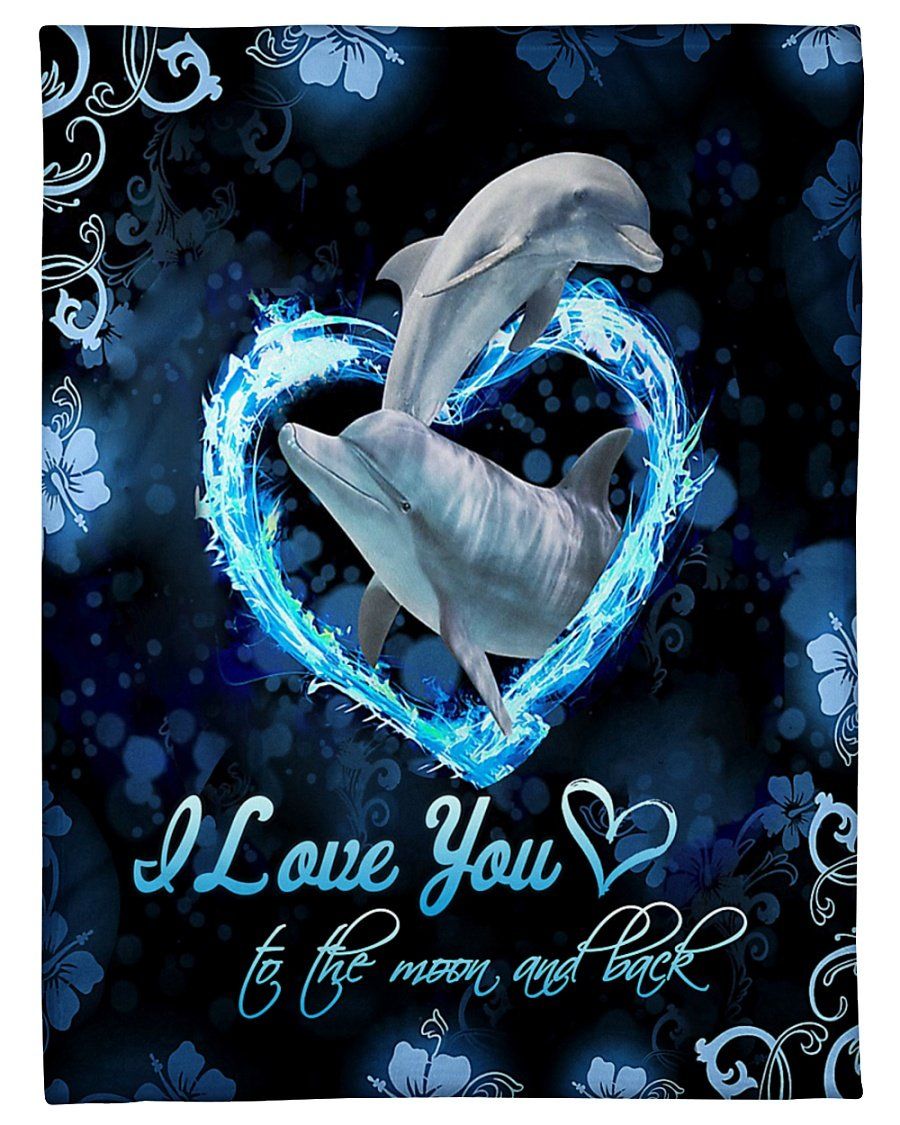 Blue Heart Dolphins Love You To The Moon And Back Fleece Blanket, Sherpa Blanket, Gift For Aunt Gift For Parent, Family Member, Friends Gift, Christmas Gift, Home Decor, Home Living