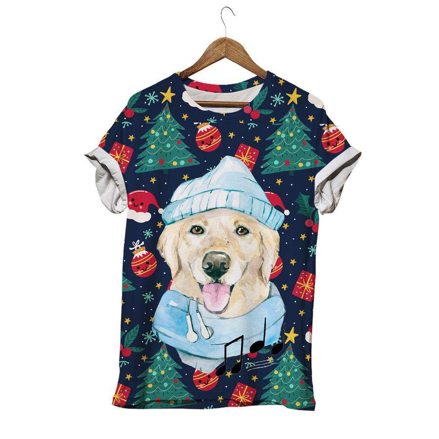 Puppy Smile Dog Golden Retriever In A Hat And Scarf Christmas Golden Dog T-shirt