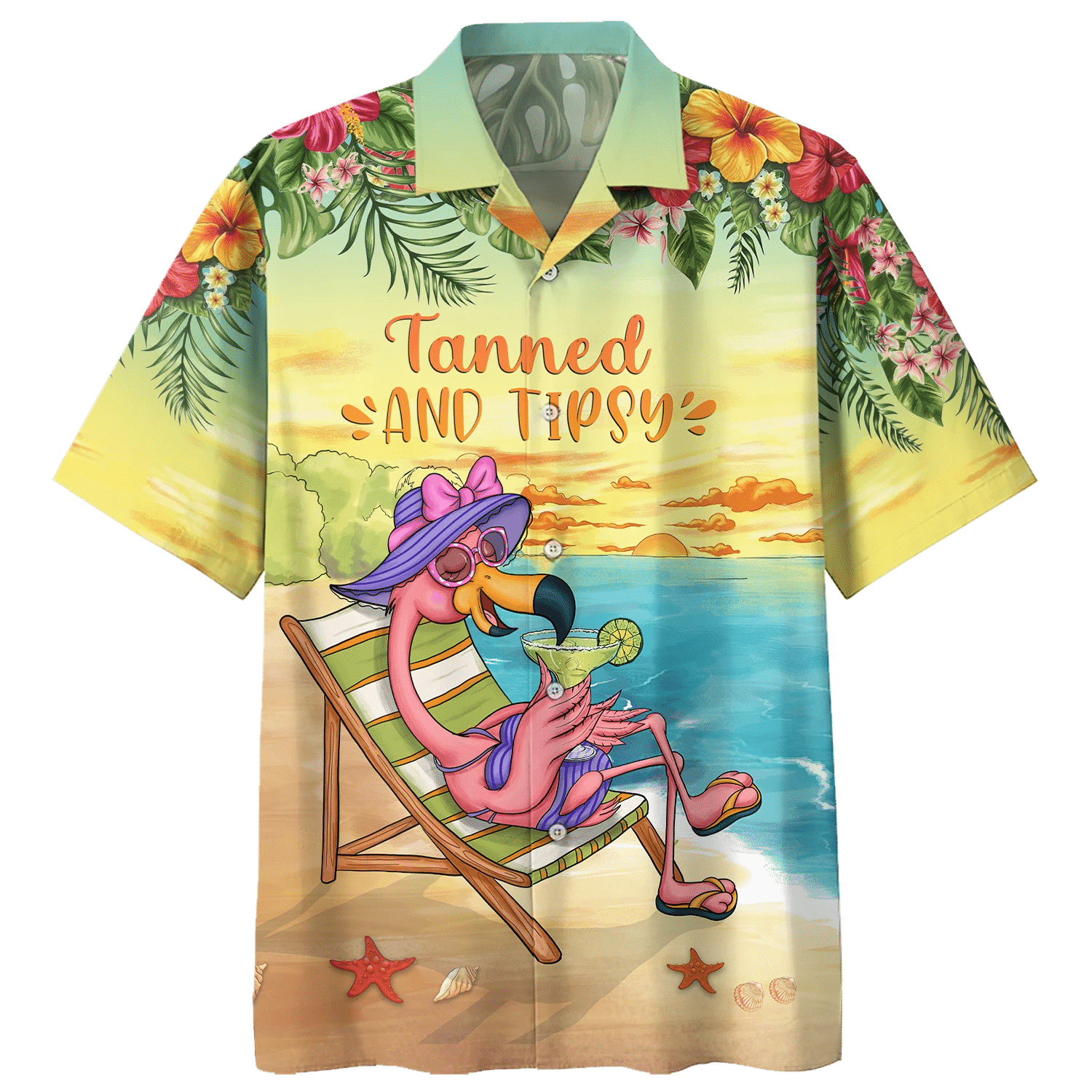 Flamingo Tanned And Tipsy Print Short Sleeve Hawaii Casual Shirt Ha47924