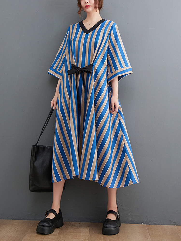 Blue Vintage Striped Dresses For Women New Bow V-Neck Short Sleeve Loose Casual Midi Summer Dress Fashion Elegant Clothes 2022 alx