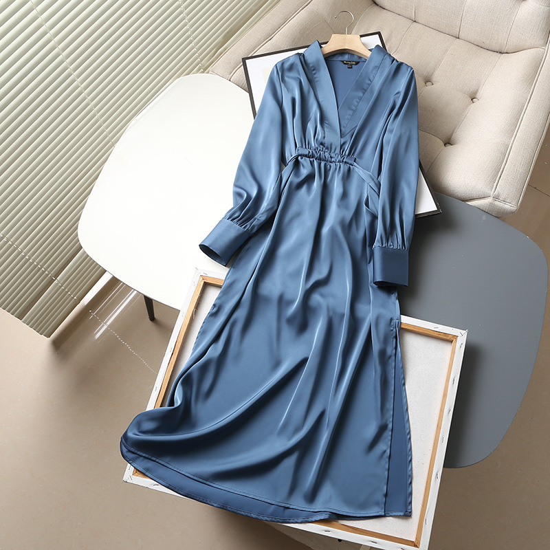 2022 Summer Women Autumn Fashion Women Elegant Satin Dress Long Sleeve Office Ladies Midi Dress with Slash alx