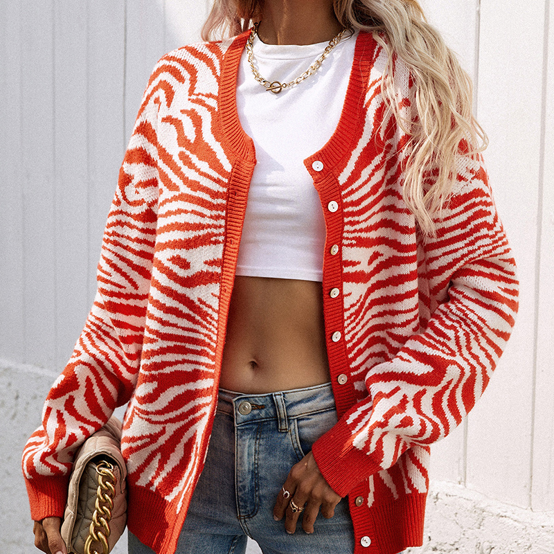 Sweater Woman Winter 2022 New Fashion Zebra Stripes Sweaters Cardigan Print Knitwear Female V Neck Long Sleeve Top Jackets Coats alx