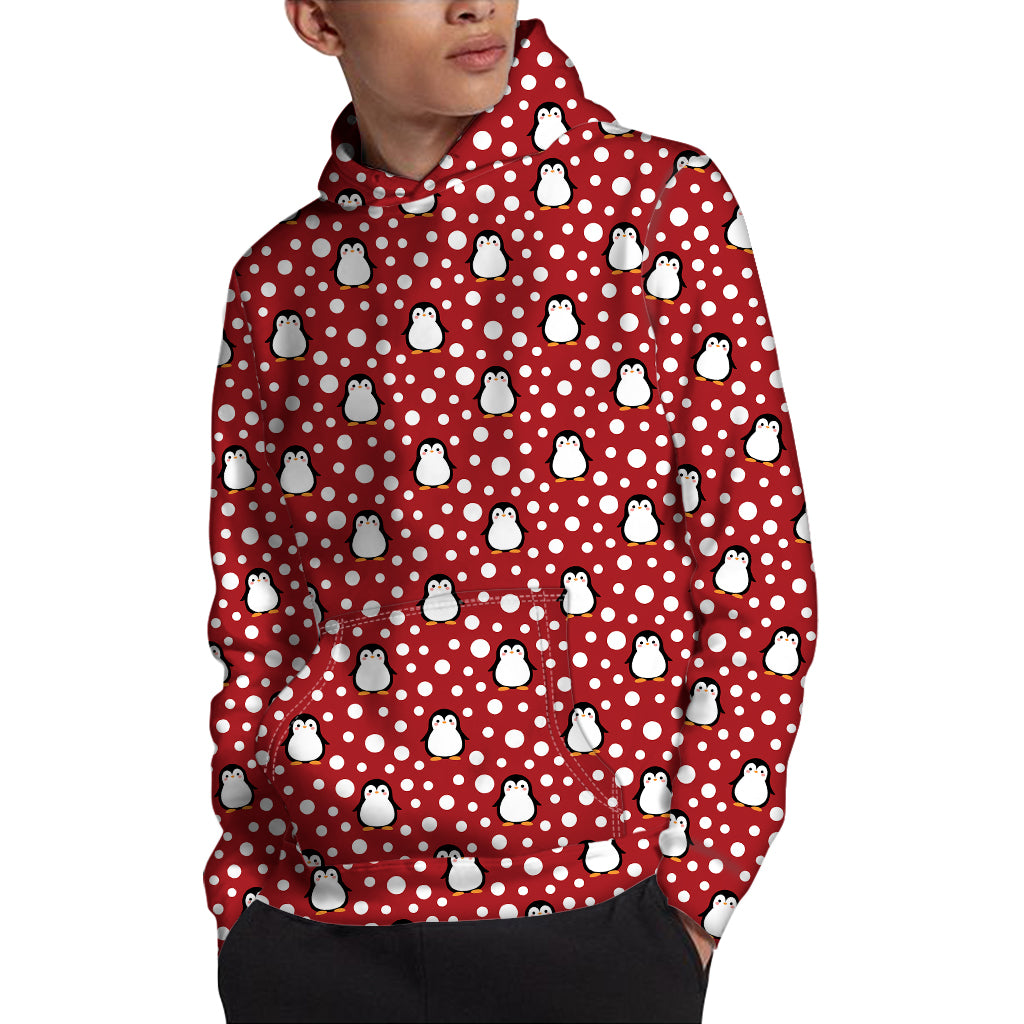 Red Snow Penguin Pattern Print Pullover Hoodie