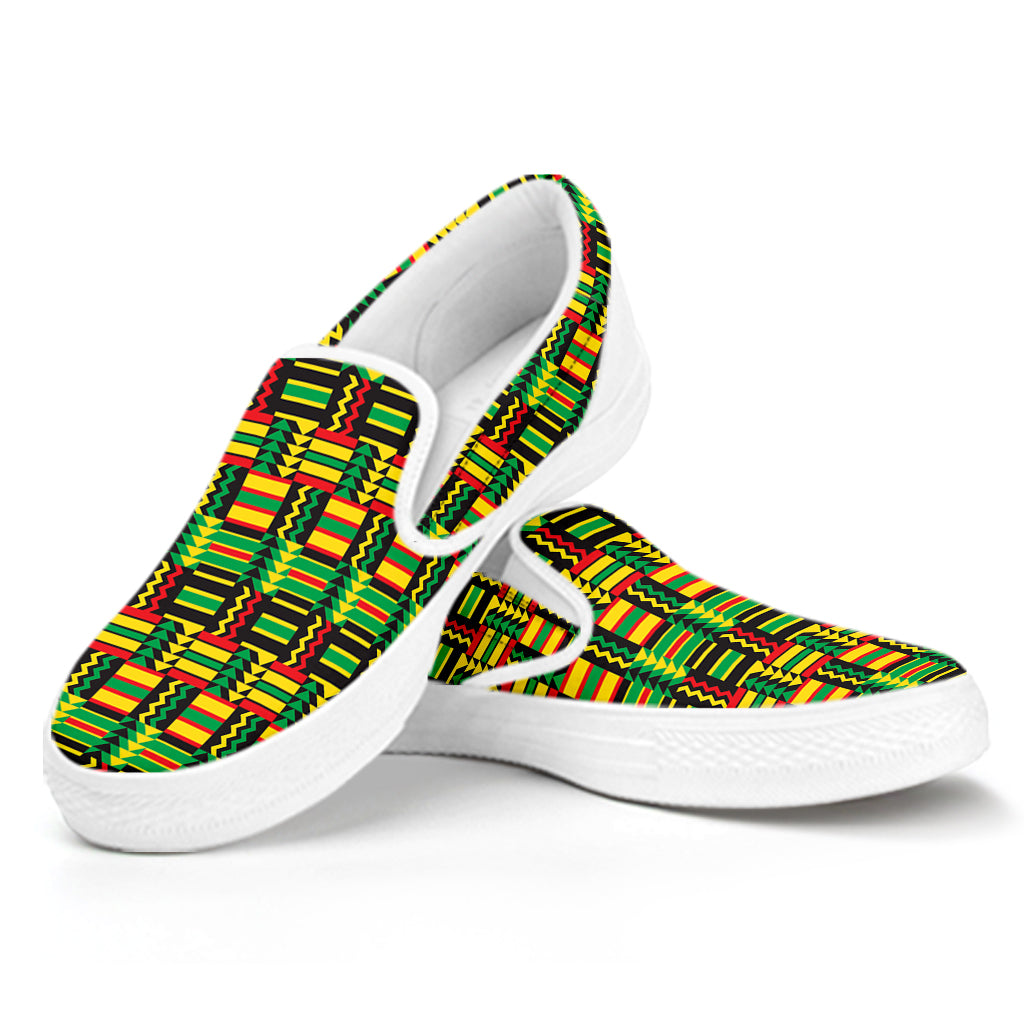 West African Kente Tribal Pattern Print White Slip On Shoes