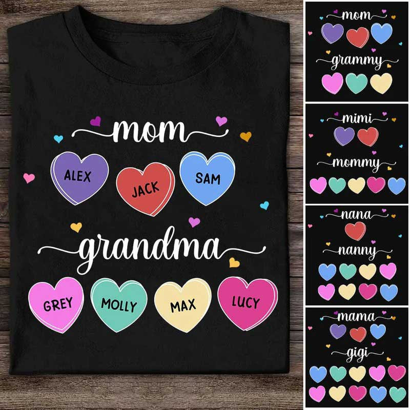 Cute Mom Grandma And 3D Heart Grandkids Personalized Grandma T Shirt