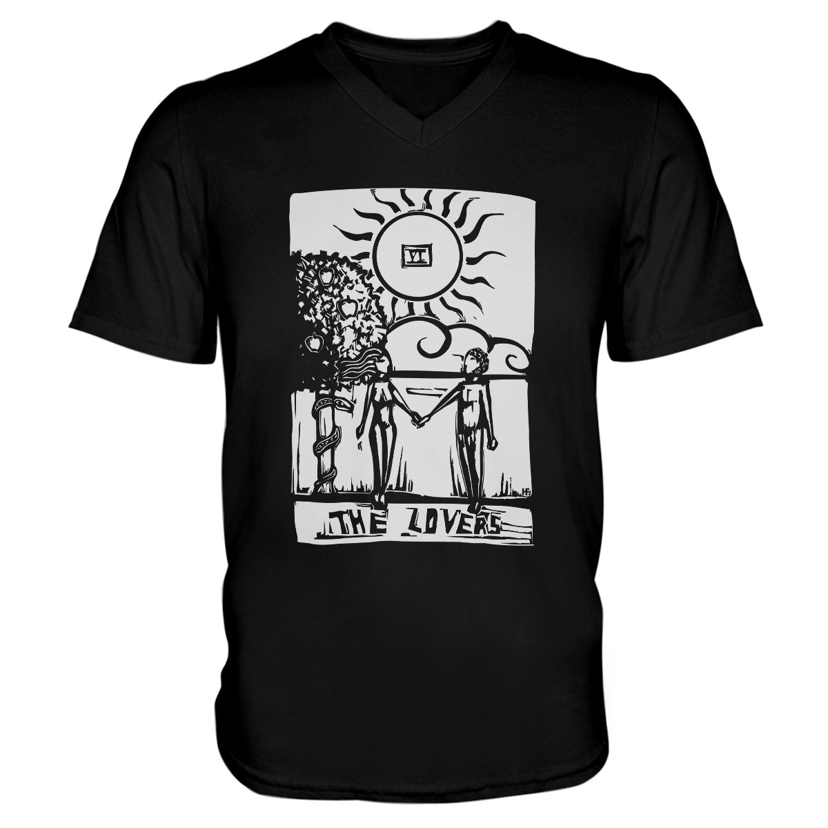 Witch Wicca Woodcut Style Tarot Card The Lovers Ez20 2409 Men V-Neck T-Shirt