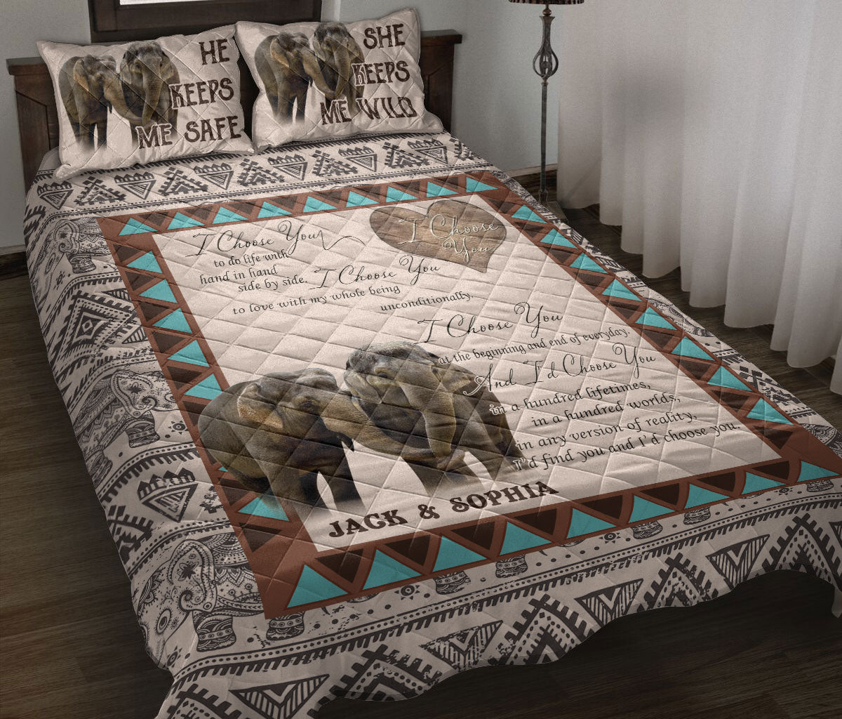 Personalized Elephant Quilt Set, Elephant I Choose You Couple Love Quilt Blanket With Pillowcases, Custom Name Quilt Bedding Set